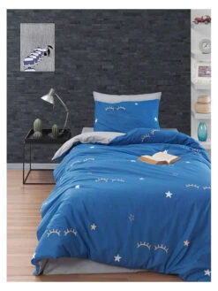 Renforcé-Bettwäsche-Set In Blau/ Grau